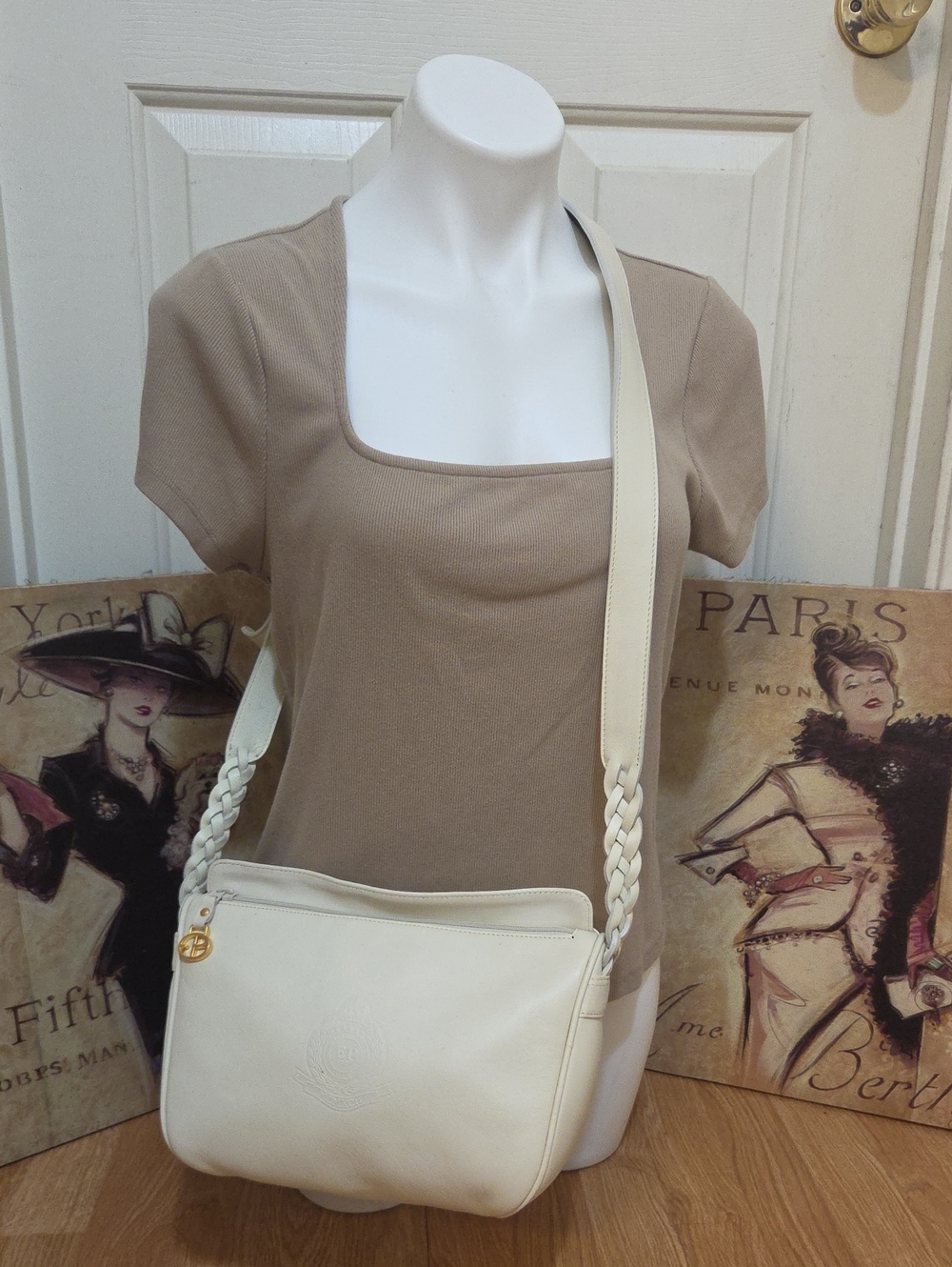 Evan Picone Cream Leather Shoulder Bag with Braided Strap